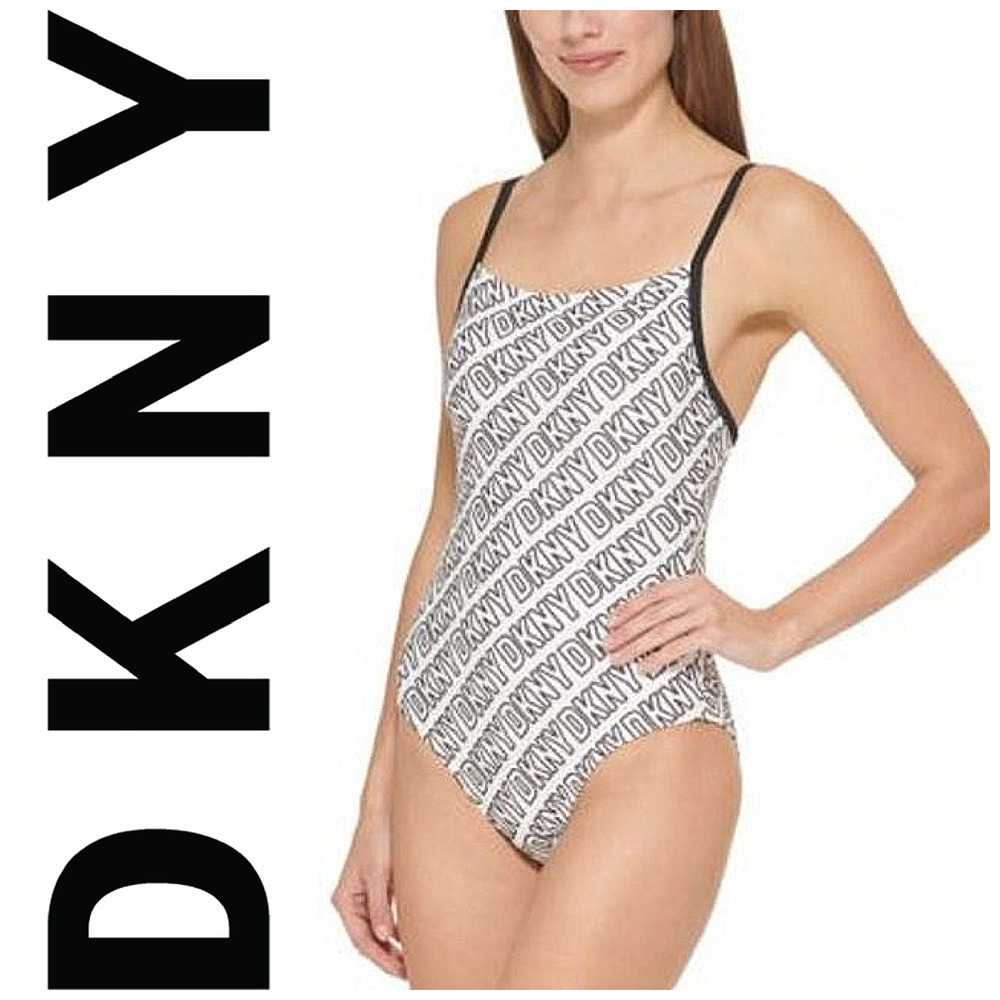NEW DKNY Sz S Black & White Logo Spellout One Piece Tank Swimsuit Malliot NWT
